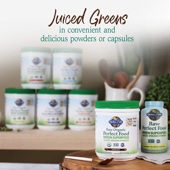 Garden of Life Raw Organic Perfect Food Green Superfood Juiced Greens Powder - Chocolate, 30 Servings - Non-GMO, Gluten Free, Vegan Whole Food Dietary Supplement, Plus Probiotics & Enzymes