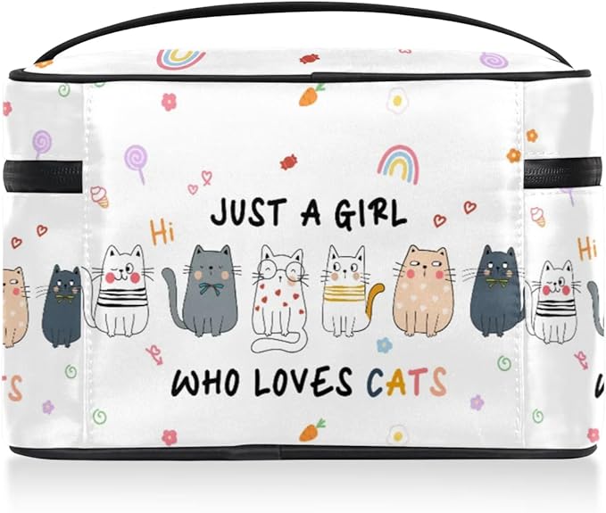 Large Makeup Bag Travel Cosmetic Bags for Women Colorful Cute Cartoon Animal Cat Makeup Organizer Case Toiletry Bag for Girls Traveling Wide Open Portable Pouch with Handle