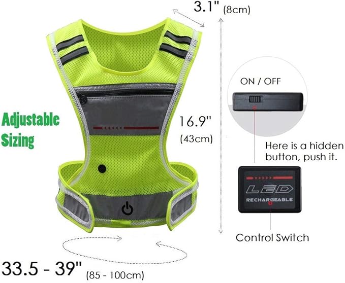 LED Reflective Vest Running Gear with Pouch, USB Charging & Ultralight Reflective Safety Vest | Large Pocket & Adjustable Waist for Night Running Cycling - 3 LED Glowing Modes Reflector Strips