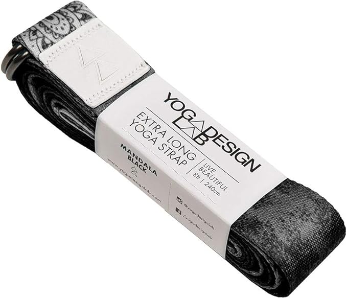 YOGA DESIGN LAB | The Yoga Strap | Luxurious, Extra Long, Super Soft, Eco Printed | Studio Quality, Adjustable | Safely Stretch Further and Hold Longer | 8 ft Long (Mandala Black, 8ft)