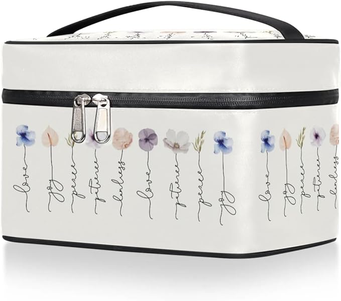 Large Makeup Bag Travel Cosmetic Bags for Women Watercolor Vintage Boho Spring Flower Floral Makeup Organizer Case Toiletry Bag for Girls Traveling Wide Open Portable Pouch with Handle