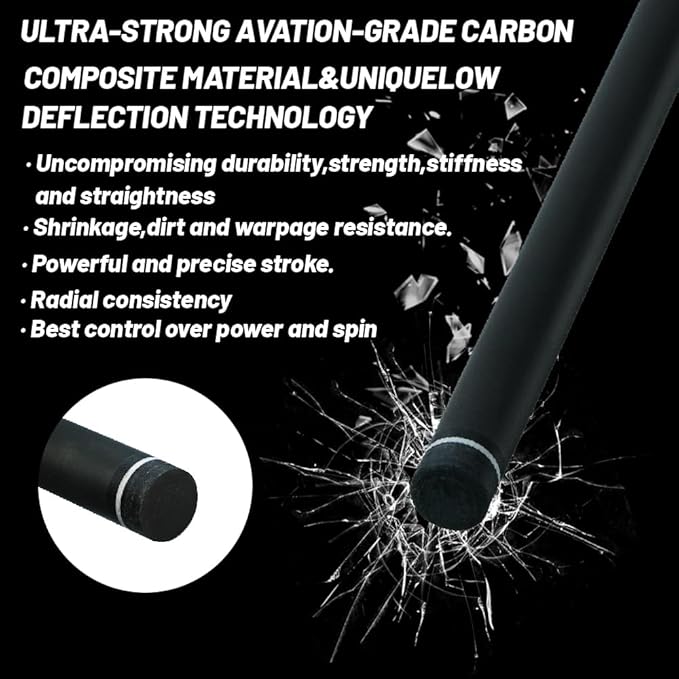 29.13" /Radial Wavy 3/8-10 3/8-11 3/8-14 Uni-Loc 5/16-18 Carbon Pool Cue Single Shaft, Low Deflection Technology, Ultra-Smooth, pro Taper, Easy to Control