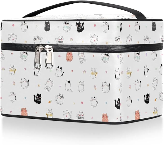 Large Makeup Bag Travel Cosmetic Bags for Women Cute Colorful Cartoon Animal Cat Makeup Organizer Case Toiletry Bag for Girls Traveling Wide Open Portable Pouch with Handle