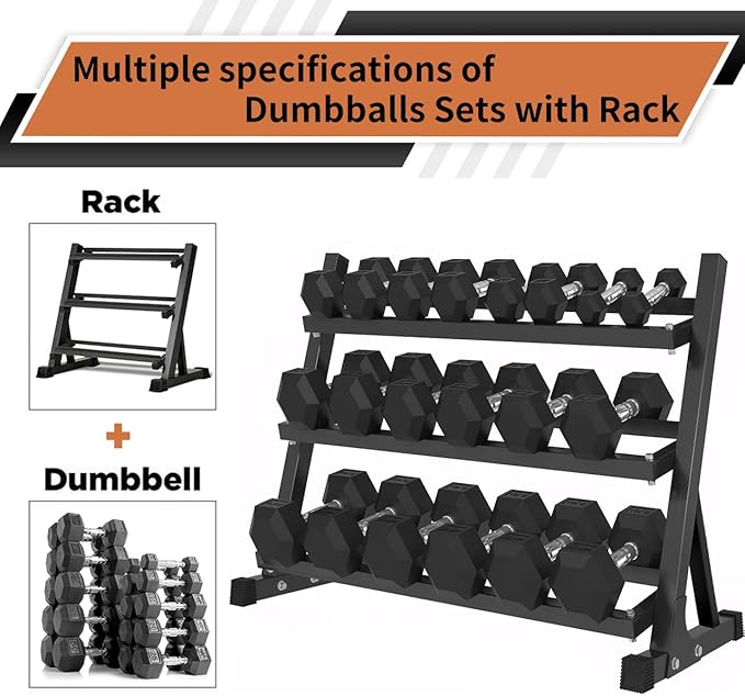 Ritafer 6-10 Pair Hex Rubber Dumbbell Set 350/450 and 550 lbsï¼?-50 lbs )Hand Free Weight for Strength Coated Encased Iron Weights with Dumbbells Storage Rack Home Gym