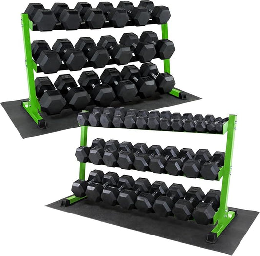 WF Athletic Supply Rubber Coated Hex Dumbbell Set, Multiple Choices Available - Dumbbells with Rack Stand and Mat, or Dumbbells Only (200/550/1200/2100/3000 LB)