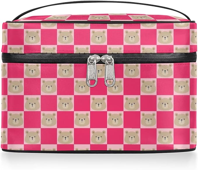 Large Makeup Bag Travel Cosmetic Bags for Women Pink Cute Checkered Plaid Bear Animal Makeup Organizer Case Toiletry Bag for Girls Traveling Wide Open Portable Pouch with Handle