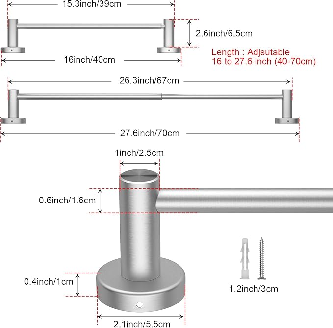 2 Pack Adjustable 16 to 27.6 Inch Single SUS304 Stainless (1" Diameter)