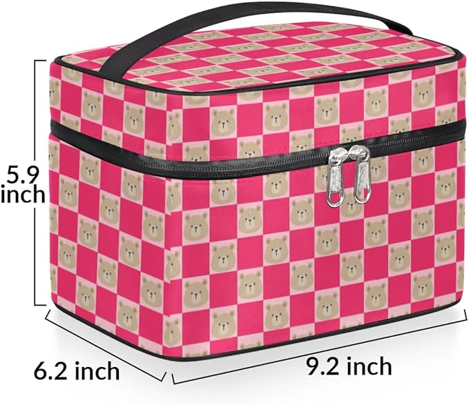 Large Makeup Bag Travel Cosmetic Bags for Women Pink Cute Checkered Plaid Bear Animal Makeup Organizer Case Toiletry Bag for Girls Traveling Wide Open Portable Pouch with Handle