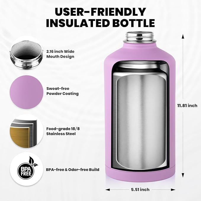 One Gallon Water Bottle Insulated, Triple Walled Vacuum Stainless Steel (Cold for 48 Hrs), Leak Proof & Non-BPA, Large Water Flask Jug with Paracord Handle & Straw Spout Lids