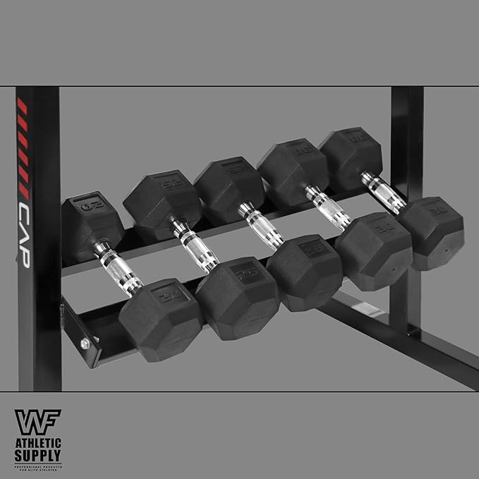 WF Athletic Supply Rubber Coated Hex Dumbbell Set with Two Tier Premium Storage Rack Built for Strength Building, Weight Loss & Home Gym β Multiple Sets Available