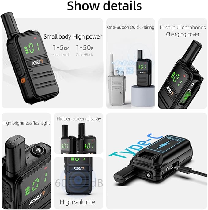 2 Pack Long Distance Walkie Talkies Portable FRS 4000mAh Rechargeable 16 Channel M3Plus