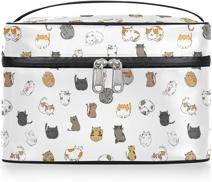 Large Makeup Bag Travel Cosmetic Bags for Women White Cute Colorful Animal Cat Makeup Organizer Case Toiletry Bag for Girls Traveling Wide Open Portable Pouch with Handle