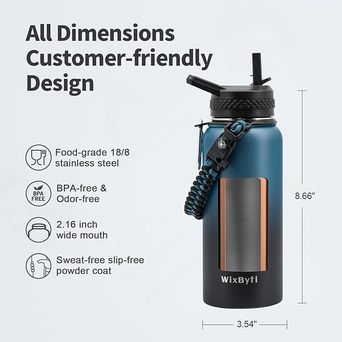 32 oz Insulated Water Bottle with Straw (Cold for 48 Hrs), Stainless Steel Triple Wall Vacuum Sports Water Jug, Leakproof Hydro Cup Flask with Paracord Handle & Straw Spout Lids & DIY Stickers