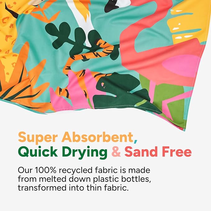 Dock & Bay Beach Towel - Quick Dry, Sand Free - Compact, Lightweight - 100% Recycled - Includes Bag - Wild Things - Extra Large (200x90cm, 78x35)