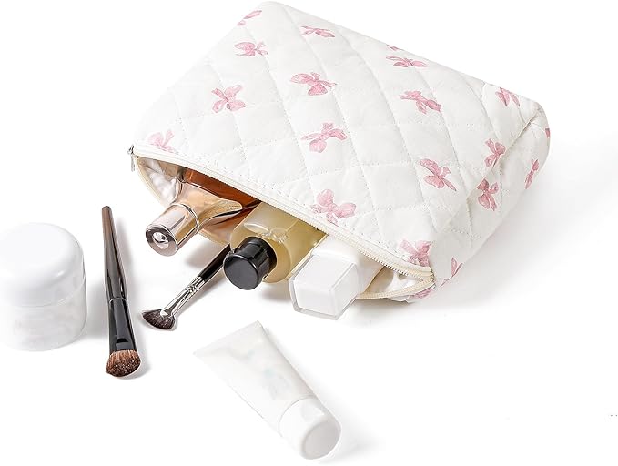 Large Quilted Cotton Makeup Bag Cosmetic Bag for Women, Cute Large Floral Cotton Travel Cosmetic Bag, Zipper Toiletry Bag Makeup Organizer Storage Bag (Pink Bow Tie)