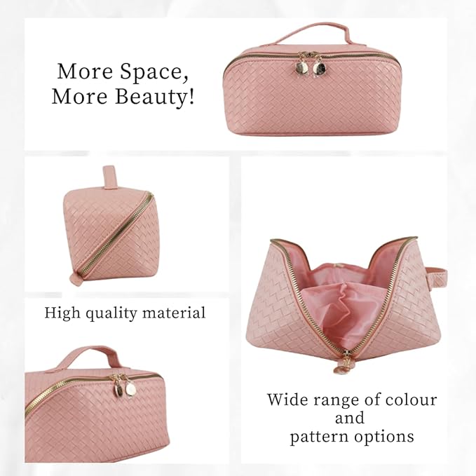 Large Capacity Travel Makeup Bag Organizer Makeup bag Set – Includes Transparent Pouch & Dust Bag PU Leather Cosmetic Bag Toiletry Bag for Women With Dividers, Handle Portable Design (Pink)