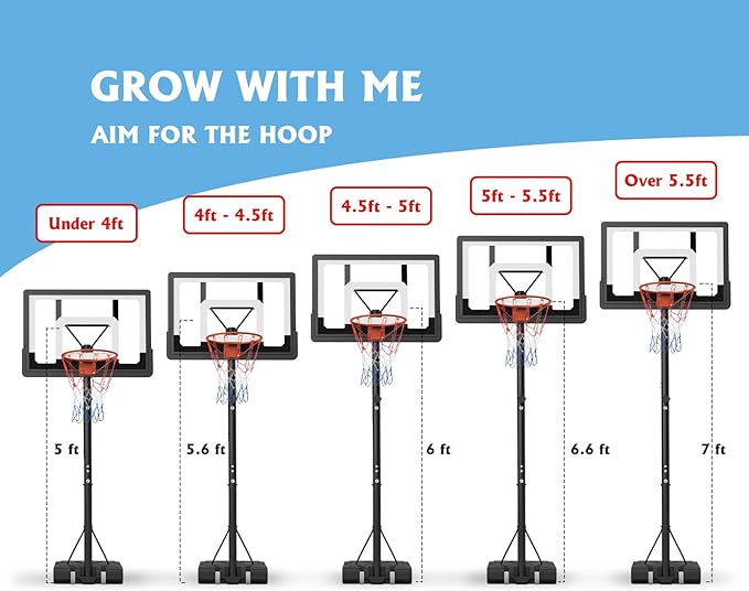 GORISE Portable Basketball Hoop for Home Outdoor Use, Adjustable Height, Shatterproof Backboard, for Daily Practice in Backyard or Garage Indoor Outdoor Backyard Pool