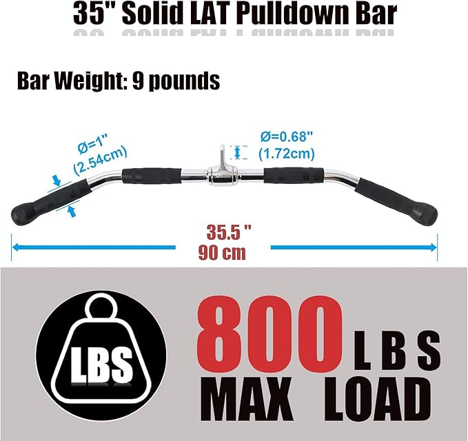 LAT Bar Cable Attachment with Rubber Handgrips, Deluxe Heavy Duty Solid Curl Bar Revolving Hanger Home Gym Cable Attachments