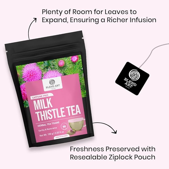 BlendArt Teas - Milk Thistle Seeds Herbal Tea - 50 Count - Pyramid Tea Bag | For Liver Detox support | Reduce inflammation | Refreshing Peppermint with lemon flavour - Caffeine Free | Ziplock Pouch