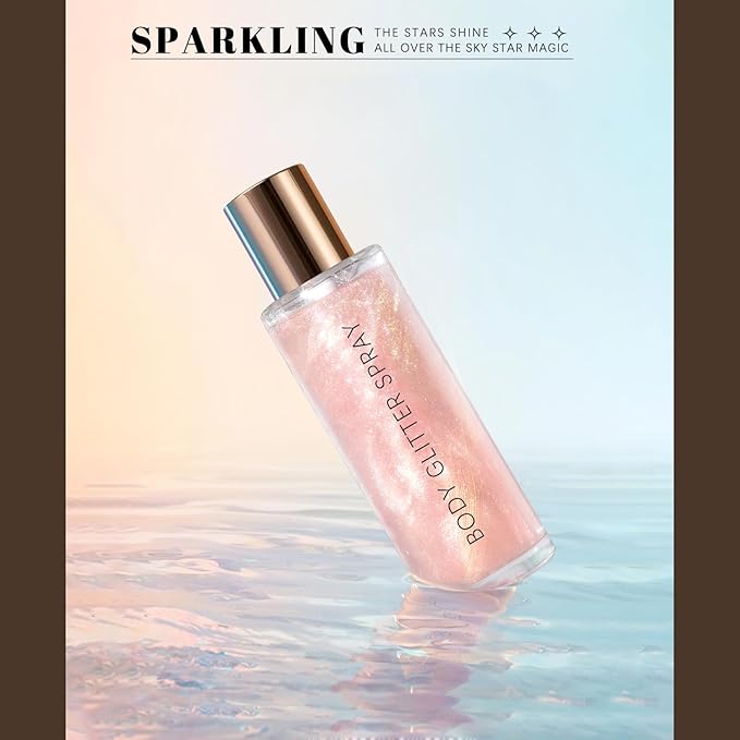 Body Glitter Spray, Moisturizing Bronze Body Shimmer Luminizer Glow Illuminator Quick-Drying and Non-Sticky Liquid Highlighter Spray for Face Hair Glitter, 60ML -Pink