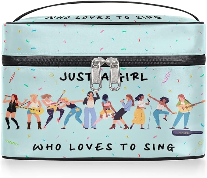 Large Makeup Bag Travel Cosmetic Bags for Women Teal Cute Colorful Music Guitar Pattern Makeup Organizer Case Toiletry Bag Wide Open Portable Pouch with Handle