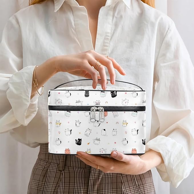 Large Makeup Bag Travel Cosmetic Bags for Women Cute Colorful Cartoon Animal Cat Makeup Organizer Case Toiletry Bag for Girls Traveling Wide Open Portable Pouch with Handle