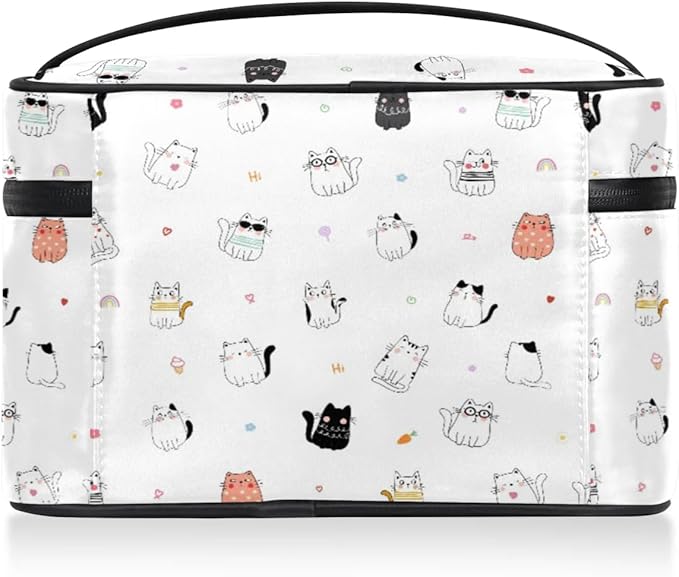 Large Makeup Bag Travel Cosmetic Bags for Women Cute Colorful Cartoon Animal Cat Makeup Organizer Case Toiletry Bag for Girls Traveling Wide Open Portable Pouch with Handle