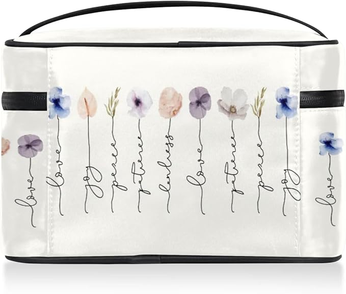 Large Makeup Bag Travel Cosmetic Bags for Women Watercolor Vintage Boho Spring Flower Floral Makeup Organizer Case Toiletry Bag for Girls Traveling Wide Open Portable Pouch with Handle