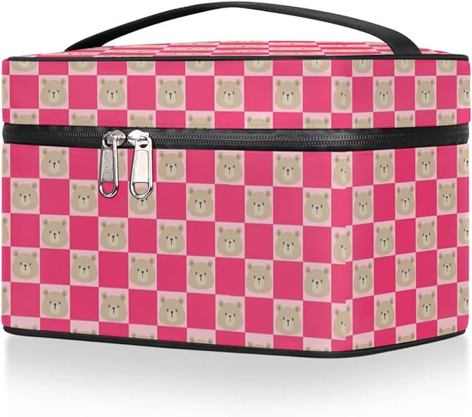 Large Makeup Bag Travel Cosmetic Bags for Women Pink Cute Checkered Plaid Bear Animal Makeup Organizer Case Toiletry Bag for Girls Traveling Wide Open Portable Pouch with Handle