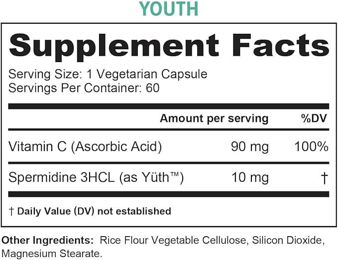 Enhanced Absorption Pure Spermidine Supplement - 99% Standardized Spermidine 3HCL Anti Aging Supplement for Women and Men’s Longevity Brain Telomere Heart Cell and Skin Support - 60 Servings