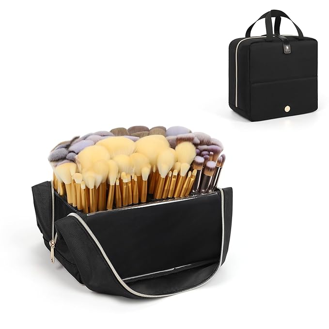 Large Makeup Brush Holder, Portable Stand-up Makeup Brush Organizer Bag, Foldable Makeup Brush Travel Case with Detachable Dividers, Professional Artist Makeup Brush Storage Bag (Brushes Not included)