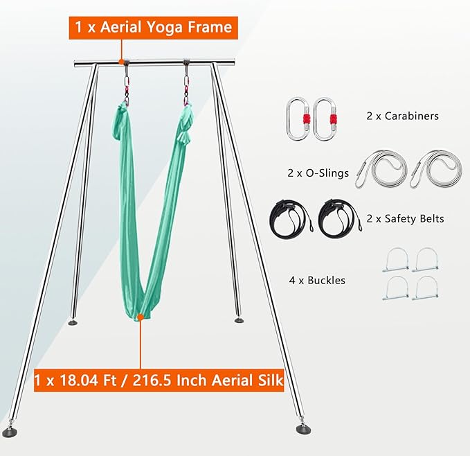 TECSPEC 9.6 FT/115.3 Inch Adjustable Height Aerial Yoga Frame & Hammock, Professional Swing Stand with 18 FT/33FT Aerial Silk, 550lbs Max Capacity