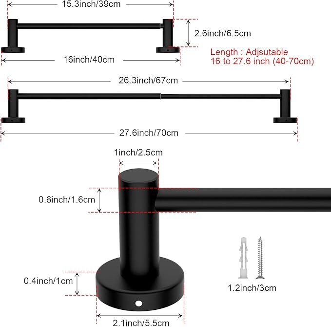 2 Pack Adjustable 16 to 27.6 Inch Single SUS304 Stainless (1" Diameter)