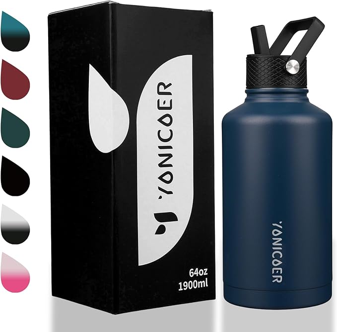 Insulated Water Bottle 64oz,Triple Wall Vacuum Stainless Steel(Dishwasher Safe),Leak Proof & Non-BPA,Flask Jug with Paracord Handle & Straw Spout Lids Sports
