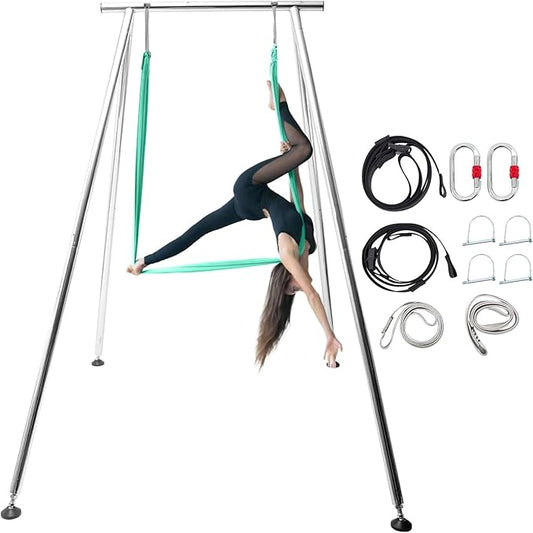 TECSPEC 9.6 FT/115.3 Inch Adjustable Height Aerial Yoga Frame & Hammock, Professional Swing Stand with 18 FT/33FT Aerial Silk, 550lbs Max Capacity