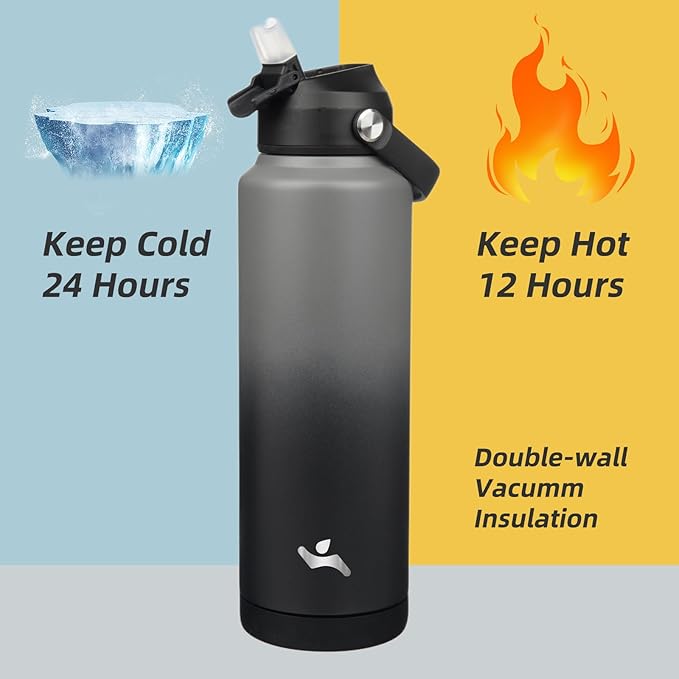 Insulated Water Bottle with Straw Lid,40 oz Stainless Steel Vacuum Metal Bottle with Silicone Handle,Gray Black