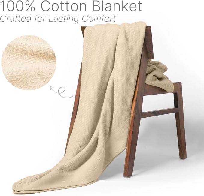 100% Cotton Herringbone Weave Blankets, 66"X90" Twin, Throw Blanket for Bed, All Season Cotton Blanket, Cozy Blanket,Throws & Bed Blanket, Throw Blanket for Couch, Modern Home Decor - Beige