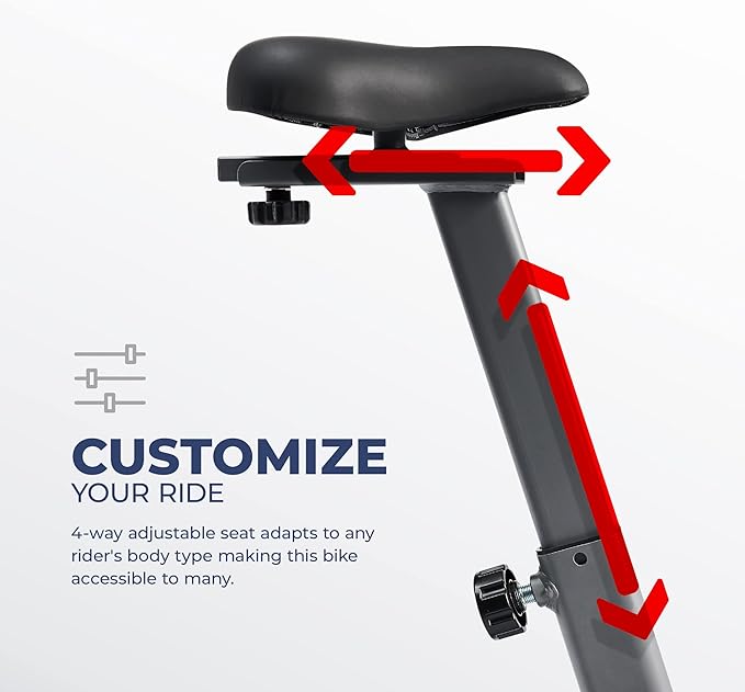 Sunny Health & Fitness Smart Stationary Exercise Upright Bike w/Pulse Sensor & 4-Way Adjustable Seat, Cycling Machine for Home Cardio Training, Free SunnyFit App Connection, Optional Resistance Band