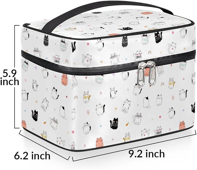 Large Makeup Bag Travel Cosmetic Bags for Women Cute Colorful Cartoon Animal Cat Makeup Organizer Case Toiletry Bag for Girls Traveling Wide Open Portable Pouch with Handle
