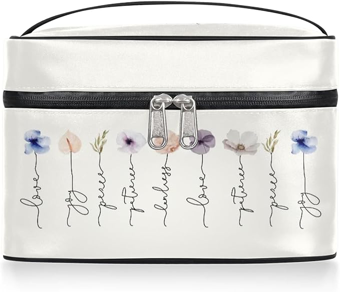 Large Makeup Bag Travel Cosmetic Bags for Women Watercolor Vintage Boho Spring Flower Floral Makeup Organizer Case Toiletry Bag for Girls Traveling Wide Open Portable Pouch with Handle