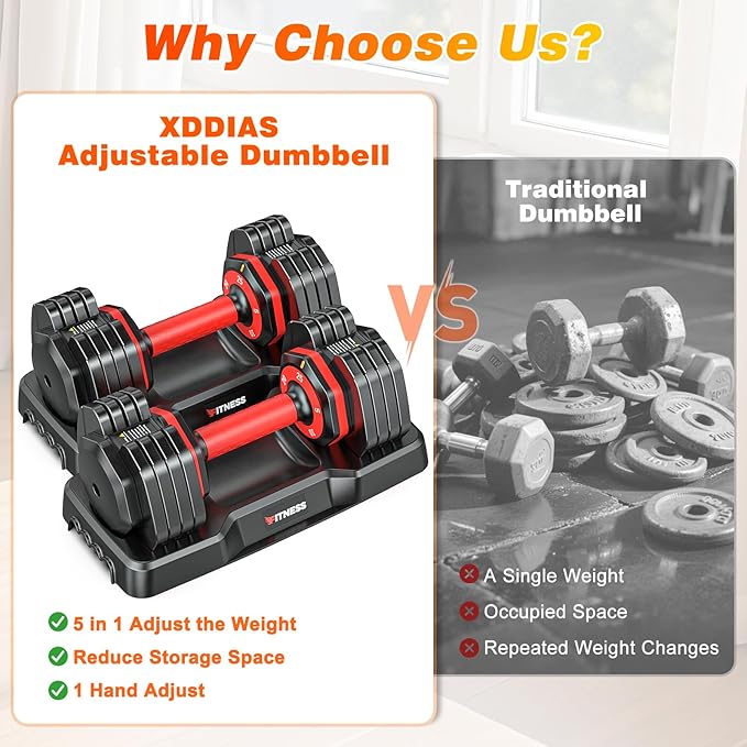 XDDIAS Adjustable Dumbbell Set of 2, 25/55/80LB Dumbbell Set-1Sec Adjustable Weights-5/10 in 1 Free Weights Dumbbells Set with Effortless Tray/No-Slip Handle-Compact Size for Women/Men at Home Gym