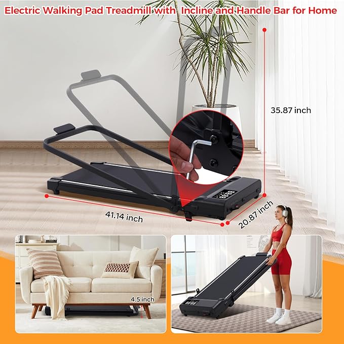 Portable Walking Pad with Incline and Handle Bar, 3.0HP Electric Treadmills for Home Small, 0.6-6.2MPH Compact Walking Pads Treadmills with Handles and Incline for Small Spaces, 320LB Capacity