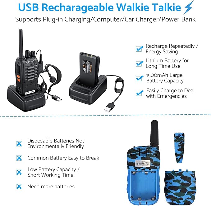 eSynic 3 Pack Professional Walkie Talkies Rechargeable Walkie 2 Way 16CH &