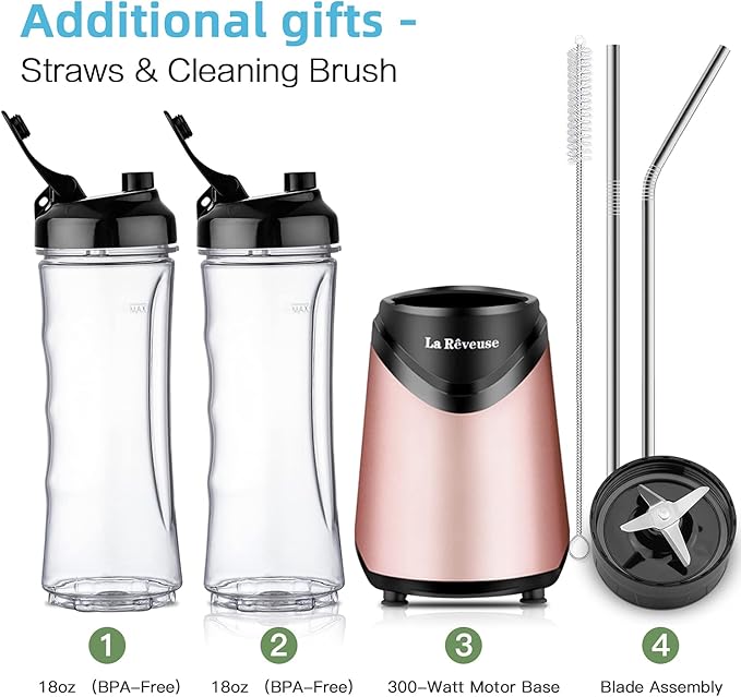 La Reveuse Smoothie Blender Personal Size 300 Watts with 2 Pieces 18 oz BPA-free Travel Sports Bottles,Pink