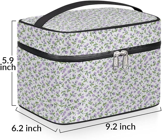 Large Makeup Bag Travel Cosmetic Bags for Women Purple Vintage Bohemian Spring Flower Floral Makeup Organizer Case Toiletry Bag for Girls Traveling Wide Open Portable Pouch with Handle