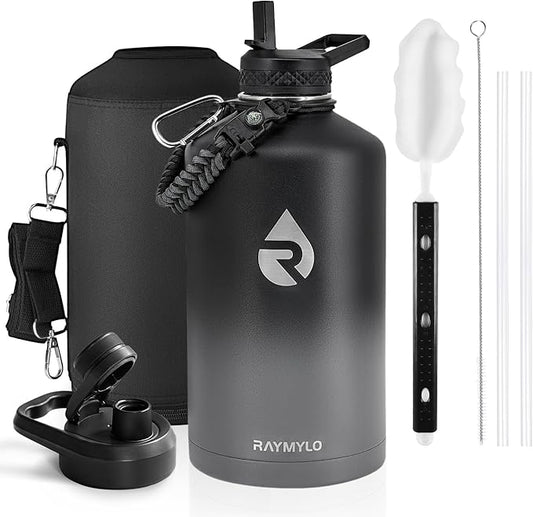 One Gallon Water Bottle Insulated, Triple Walled Vacuum Stainless Steel (Cold for 48 Hrs), Leak Proof & Non-BPA, Large Water Flask Jug with Paracord Handle & Straw Spout Lids