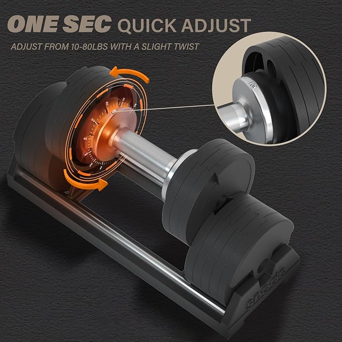 SNODE AD80 Drop Proof 80 lbs Adjustable Dumbbell Set -Adjustable Weights with Cast Iron Plates and Cradle, Knurled Handle, Fast Adjust, Compact Home Gym Equipment for Bench & Press