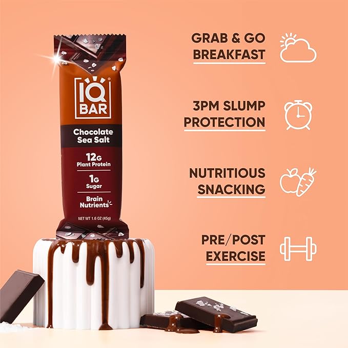 IQBAR Brain and Body Plant Protein Bars - Chocolate Sea Salt - 24-Count Low Carb - Gluten Free, High Fiber, Vegan Snacks - Low Sugar Meal Replacement