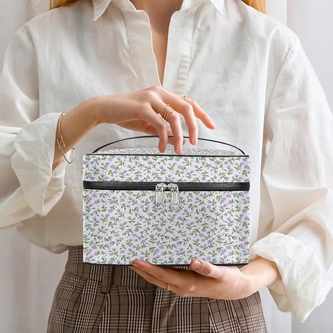 Large Makeup Bag Travel Cosmetic Bags for Women Purple Vintage Bohemian Spring Flower Floral Makeup Organizer Case Toiletry Bag for Girls Traveling Wide Open Portable Pouch with Handle
