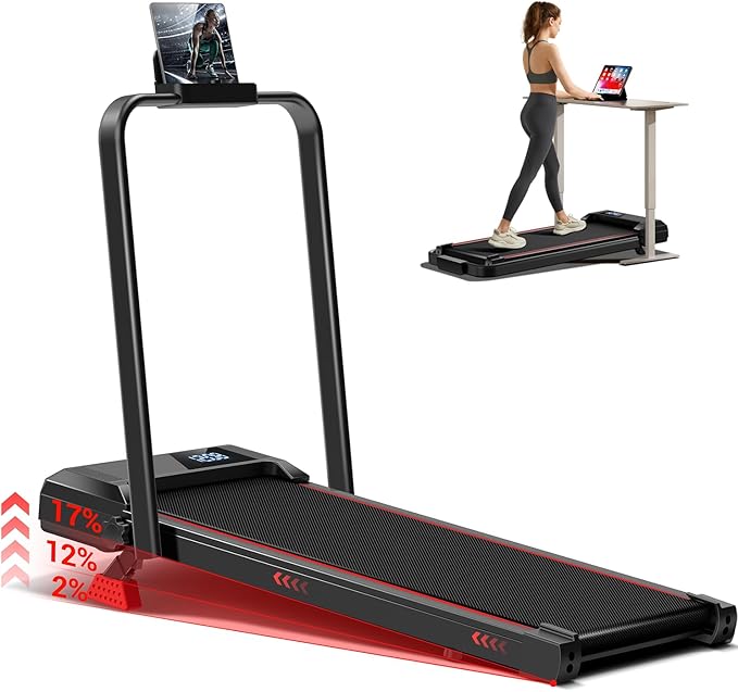 3-in-1 Portable Under Desk Treadmill, 17% Incline Walking Pad Treadmills for Home and Office, Folding Treadmill with 2.5 HP Quiet Brushless, 300 LBS Capacity